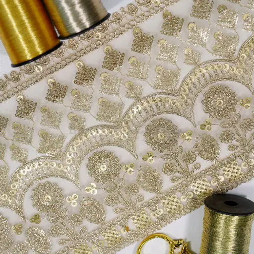 [FANL1912 GOLD] Geometric Blossom Design with Sequence Embellishment Fancy Metallic Yarn Lace