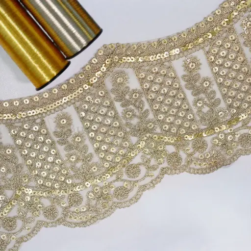 [FANL1913 GOLD] Geometric Design Floral Design & Scallop Edge with Sequence Accent Fancy Lace