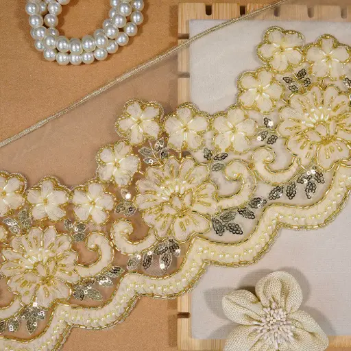 Blooming Blossom Design with Sequence, Glass Beads & Pearl Embellishment Fancy Lace