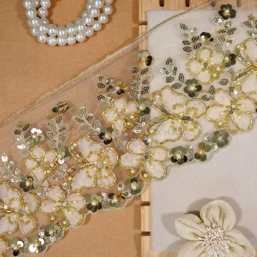 Decorative Glass Beads, Sequence & Pearl Accent Butterfly Design Fancy Lace