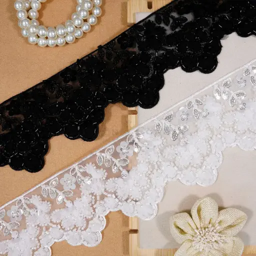 Scallop Edge Glass Beads, Sequence & Pearl Embellished Fany Lace