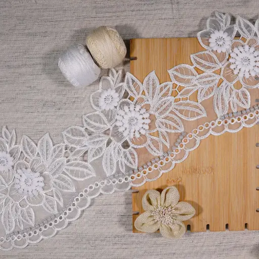 [OL200/D243/F WHITE] Blooming Blossom Design Organza Lace Embellished with Pearls