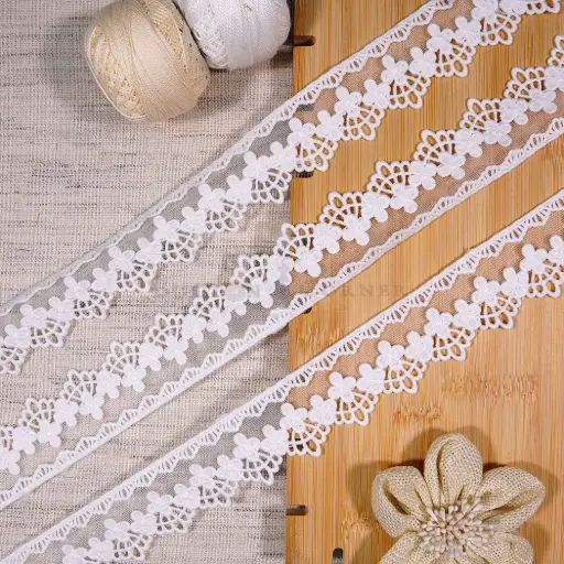 [NL295 WHITE] Floral Scallop Side Border Net Lace