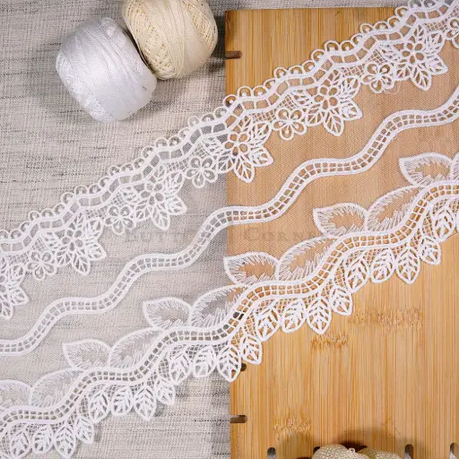 [A6885A WHITE] Leaf & Flower Design Embroidery Net Lace