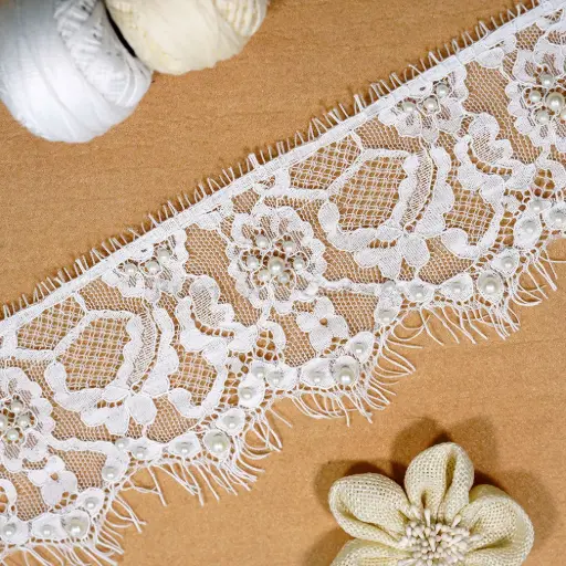 [9201 PEARL WHITE] Floral French Chantilly Lace with Eyelash Fringe Edge with Pearl Embellishment