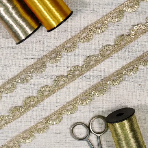 [FANL1920 GOLD] Sequence Scallop Edge Side Border Fancy Metallic Yarn Lace