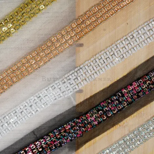 1" Inch Glass Beads & Sequence Accent Fancy Metallic Yarn Lace