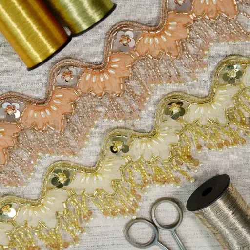 Glass Beads, Sequence & Pearl Embellishment Fancy Metallic Yarn Hanging Lace