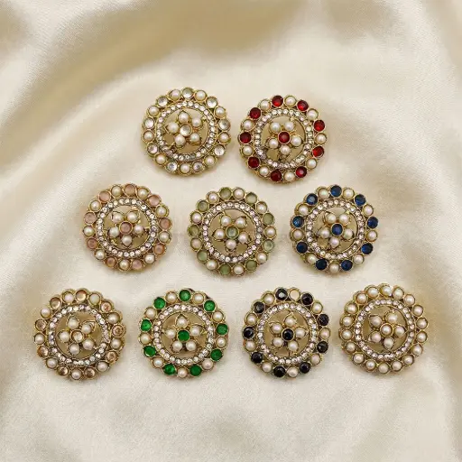 Traditional Rhinestone & Pearl Floral Circular Kundan Button