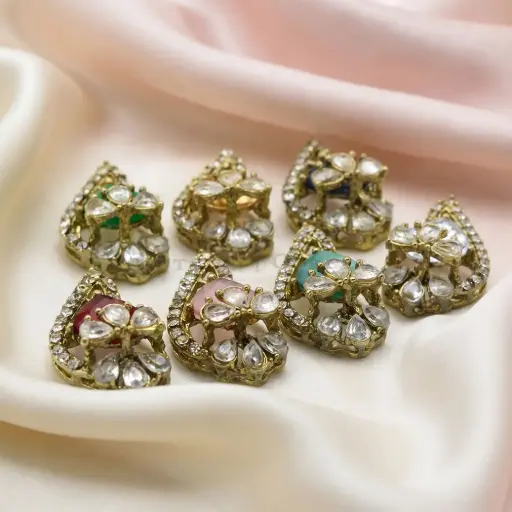 Pear-cut Teardrop Floral Gold Base Kundan Button