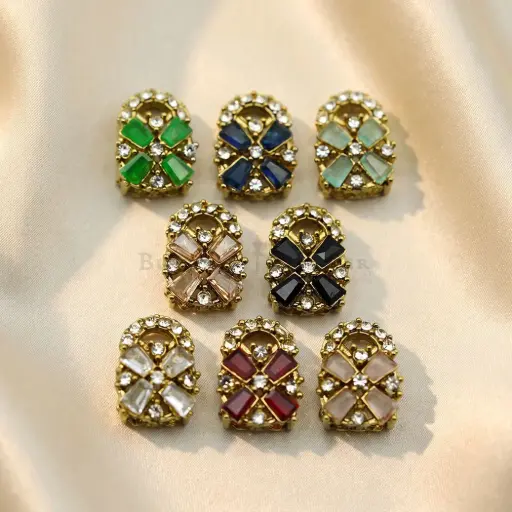 Arch-Top Baguette-Cut Gold Base Kundan Button