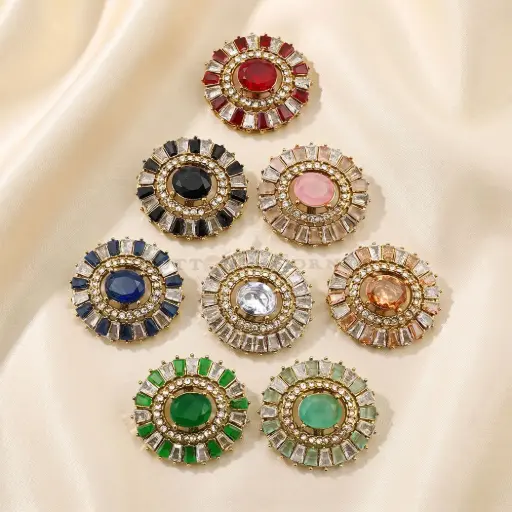Oval Centre Circular Baguette & Micro-Pave Studded Gold Base Kundan Button