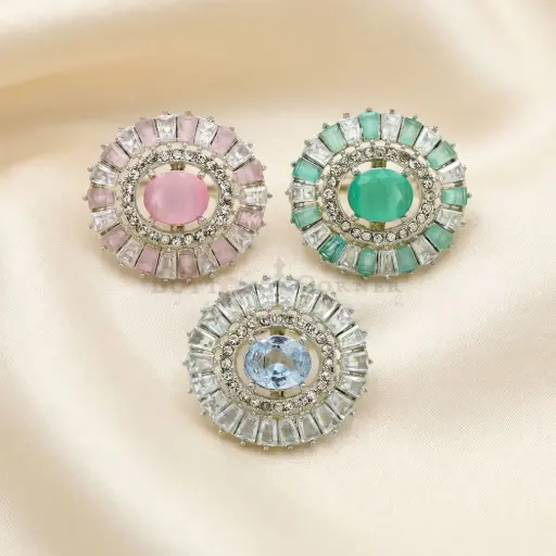 Oval Centre Circular Baguette & Micro-Pave Studded Silver Base Kundan Button