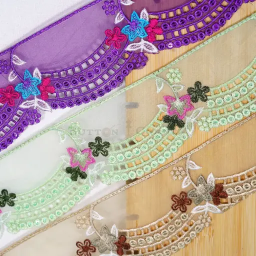 Geometric Floral Pattern Scallop Border Sequence Organza Lace