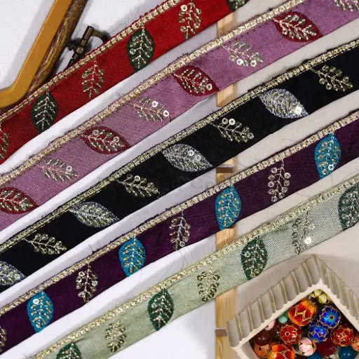 Embellished Decorative Sequence Leaf Pattern Metallic Yarn Fancy Lace