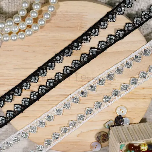 Decorative Stone Accent Side Border Fancy Shuttle Lace