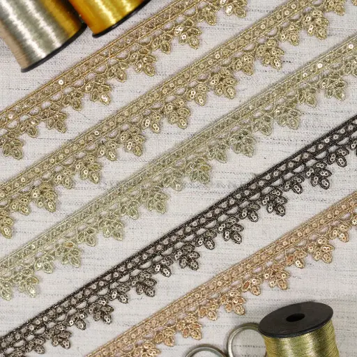 Floral Edge Fancy Metallic Yarn Sequence Zari Lace