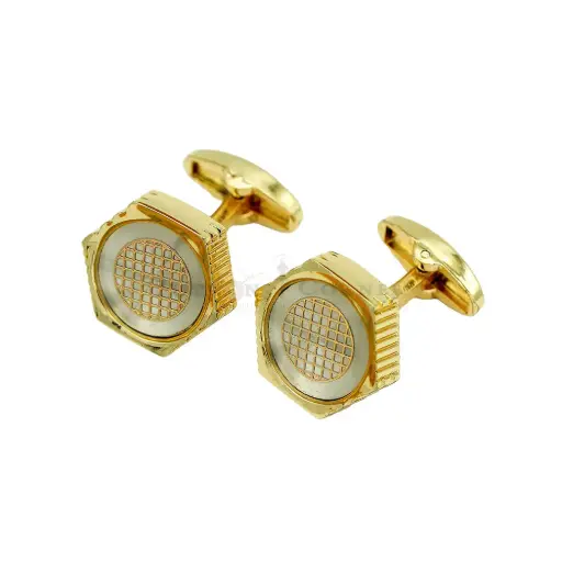 [CF330-6 LIGHT GOLD] Grid Mesh Dial Style Hexagonal Shape Cufflink