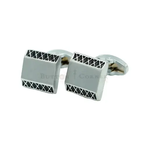 [CF360-24 NONTOXIC WHT] Cross Lattice Border Rectangular Shape Cufflink