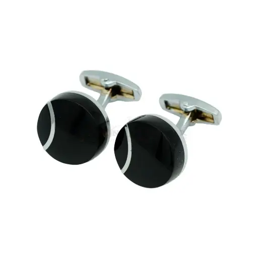 [CF350-1 NONTOXIC WHT] Black Enamel Round Shape & Eye Motif Outline Cufflink