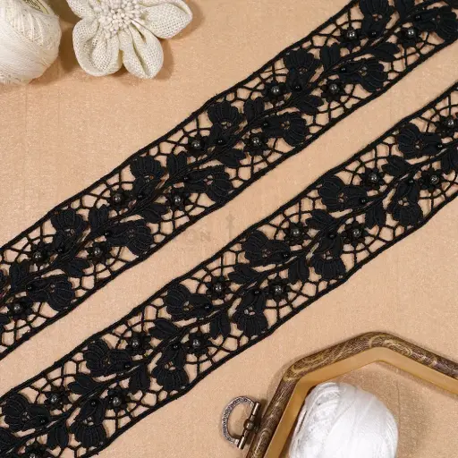 [D2236 BLACK PEARL] Double Side Border Lace with Pearl