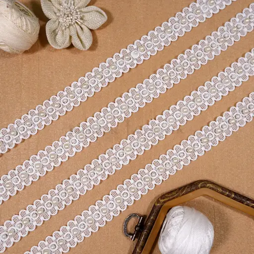 [30994-2 WHITE PEARL] Double-Sided Border Scalloped Edges Shuttle Lace with Pearl