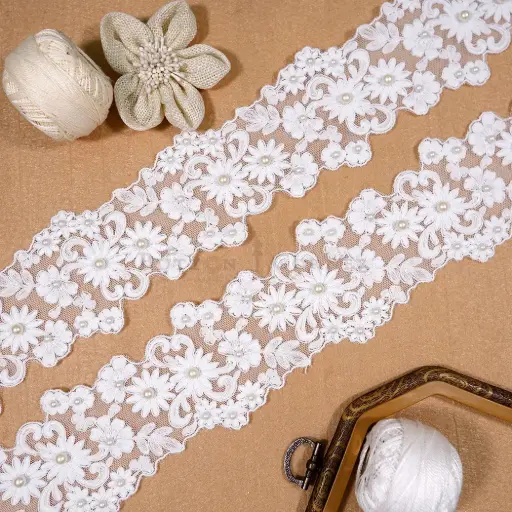 [HX60584 WHITE PEARL] Sunburst Daisy & Leaf Motif with Pearl, Embroidery Net Lace