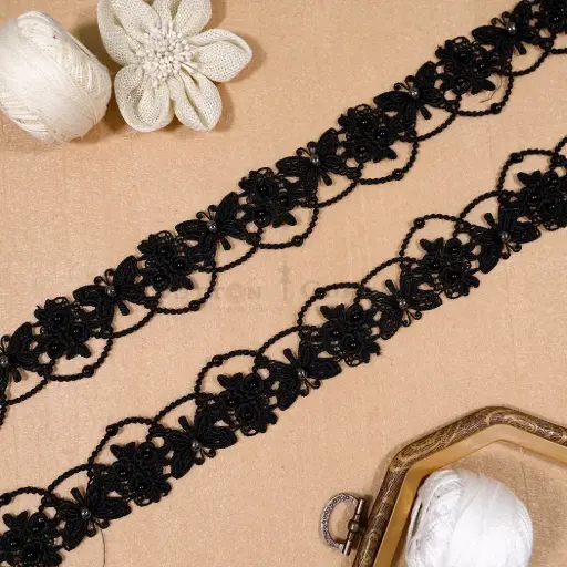 [12419-4 BLACK PEARL] Butterfly & Flower Motif Shuttle Lace with Scallop Border and Pearl Accent