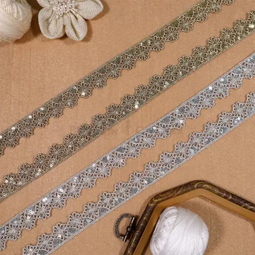 Metallic Yarn Sequence Embellishment Floral Design Fancy Lace