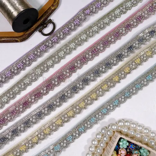 Metallic Yarn Lace with Glass Beads, Sequence & Pearl Embellishment