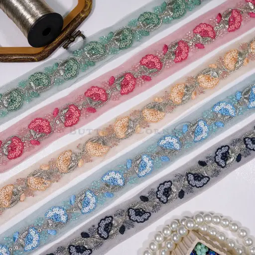 Floral Design Fancy Metallic Yarn Sequence Lace with Glass Beads Embellishment
