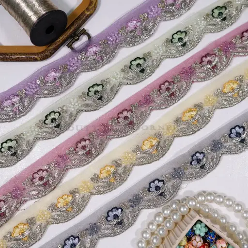 Flower Design Fancy Metallic Yarn Lace with Sequence & Glass Beads Embellishment