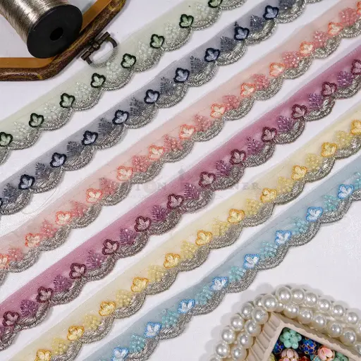 Floral Design Fancy Metallic Yarn Lace with Sequence & Glass Beads Accent