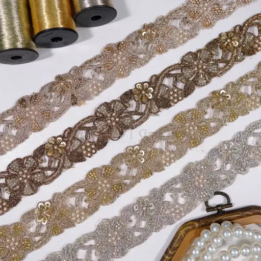 Decorative Blooming Blossom Design Lace Embellished with Glass Beads & Pearl