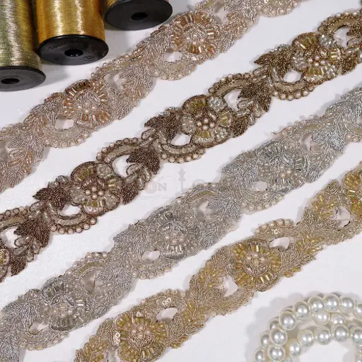 Geometric Floral Design Lace Embellished with Glass Beads, Sequence & Pearl