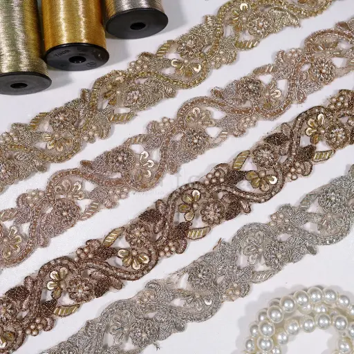 Geometric Floral Design Fancy Lace with Glass Beads, Sequence & Pearl Accent