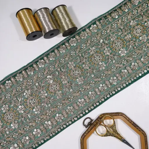 Geometric Design Fancy Metallic Yarn Lace Embellished with Sequence, Glass Beads & Pearl