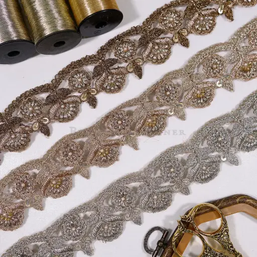 Leaf & Floral Pattern Fancy Metallic Yarn Lace Embellished with Sequence, Glass Beads & Pearl 