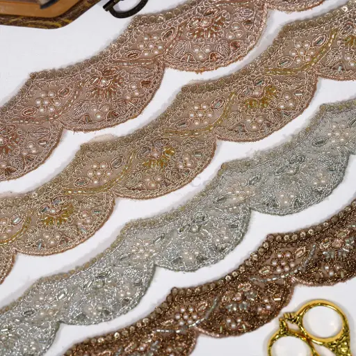 Fancy Metallic Yarn Lace with Sequence, Glass Beads & Pearl Accent