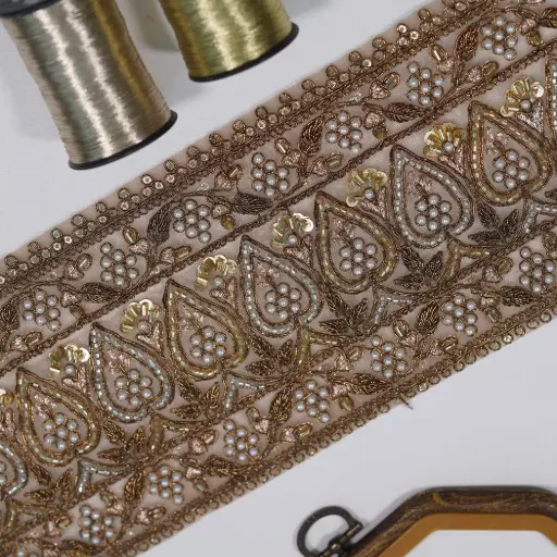 Sequence, Glass Beads & Pearl Embellishment Fancy Metallic Yarn Lace