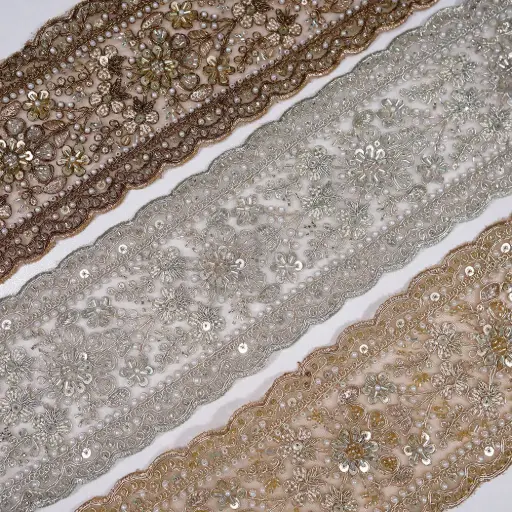 Sequence, Glass Beads & Pearl Embellishment Fancy Metallic Yarn Lace