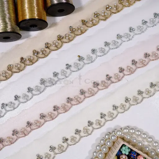Wave Border with Pearl & Rhinestone Fancy Metallic Yarn Lace