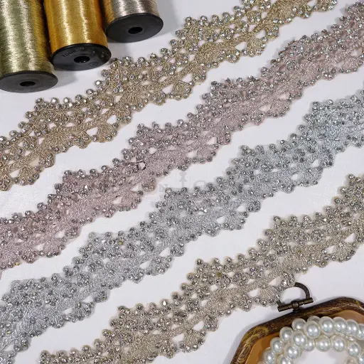 Decorative Rhinestone Fancy Metallic Yarn Lace