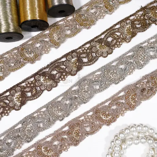 Decorative Glass Beads, Sequence & Pearl Metallic Yarn Lace