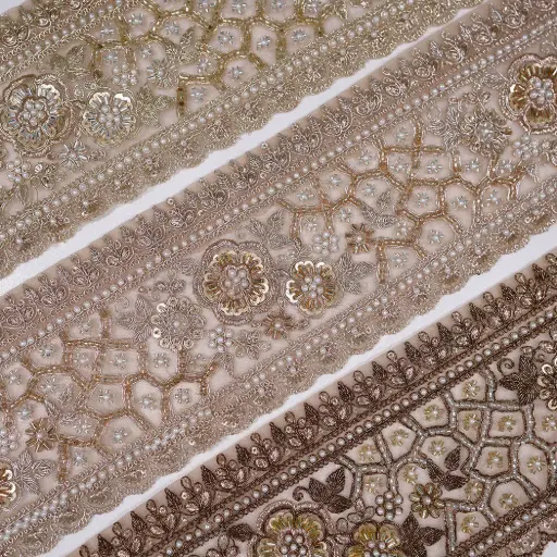 Fancy Metallic Yarn Lace Lavish with Sequence, Glass Beads & Pearl