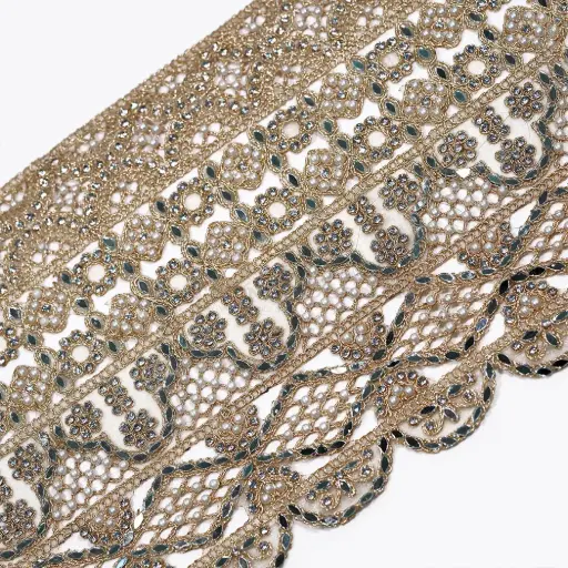 [FANL1942 GOLD] Geometric Design Fancy Metallic Yarn Lace Ornate with Stones, Pearls & Sequence