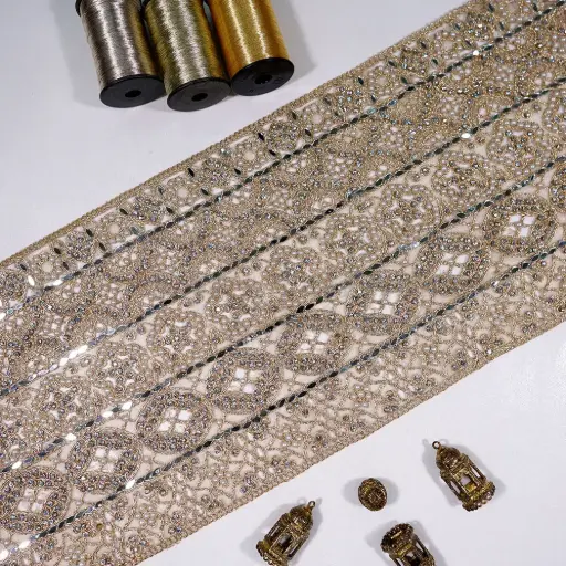 [FANL1949 GOLD] Fancy Metallic Yarn Sequence, Glass Beads & Pearl Accent Lace