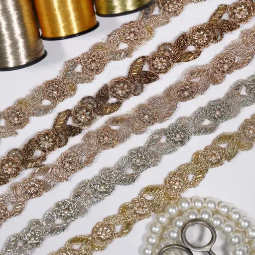 Geometric Floral Design Fancy Metallic Yarn Lace with Glass Beads & Pearl Lace
