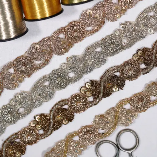 Decorative Floral Design Fancy Metallic Yarn Lace Embellished with Pearl & Glass Beads 