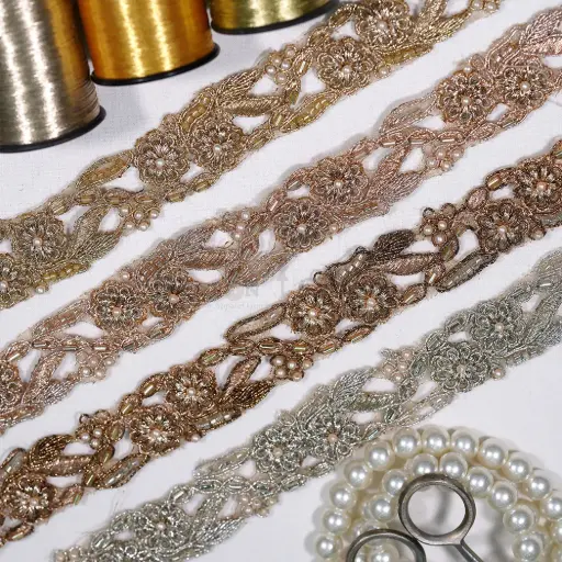 Blooming Blossom Design Fancy Metallic Yarn Lace with Pearl, Glass Beads 